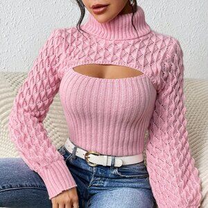 Pink Casual Women's Long Sleeve Turtleneck Pullover Cable Knit Sweater